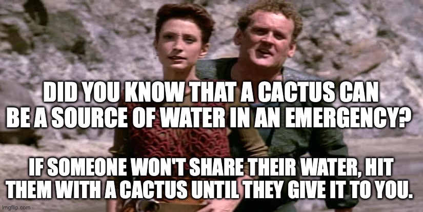 Kira on Desert Survival | DID YOU KNOW THAT A CACTUS CAN BE A SOURCE OF WATER IN AN EMERGENCY? IF SOMEONE WON'T SHARE THEIR WATER, HIT THEM WITH A CACTUS UNTIL THEY GIVE IT TO YOU. | image tagged in kira,ds9,o'brien | made w/ Imgflip meme maker