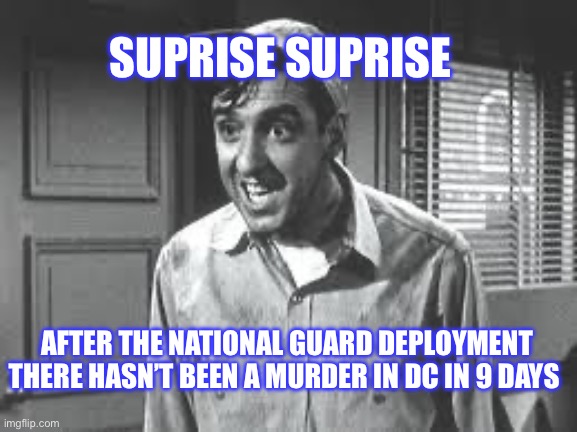 Gomer Pyle | SUPRISE SUPRISE; AFTER THE NATIONAL GUARD DEPLOYMENT THERE HASN’T BEEN A MURDER IN DC IN 9 DAYS | image tagged in gomer pyle | made w/ Imgflip meme maker