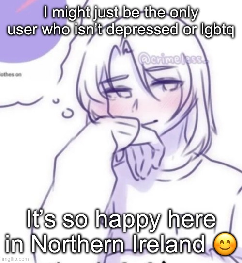 Smug look | I might just be the only user who isn’t depressed or lgbtq; It’s so happy here in Northern Ireland 😊 | image tagged in smug look | made w/ Imgflip meme maker