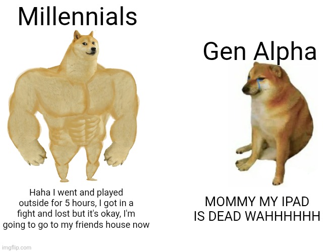 True story | Millennials; Gen Alpha; Haha I went and played outside for 5 hours, I got in a fight and lost but it's okay, I'm going to go to my friends house now; MOMMY MY IPAD IS DEAD WAHHHHHH | image tagged in memes,buff doge vs cheems | made w/ Imgflip meme maker