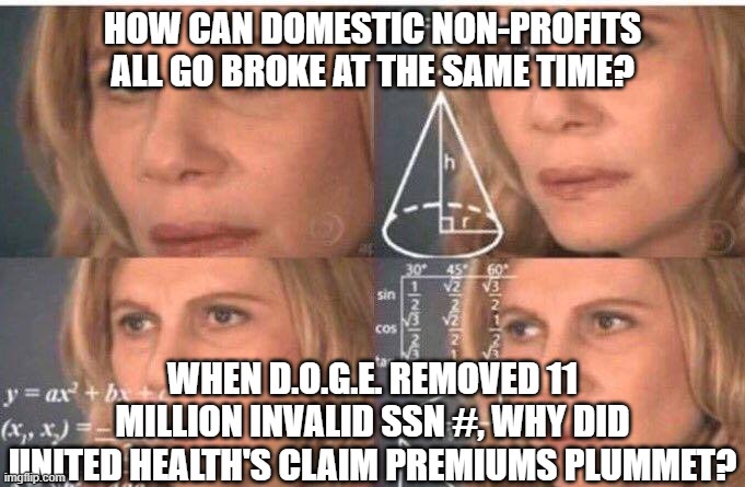 Math lady/Confused lady | HOW CAN DOMESTIC NON-PROFITS ALL GO BROKE AT THE SAME TIME? WHEN D.O.G.E. REMOVED 11 MILLION INVALID SSN #, WHY DID UNITED HEALTH'S CLAIM PR | image tagged in math lady/confused lady | made w/ Imgflip meme maker