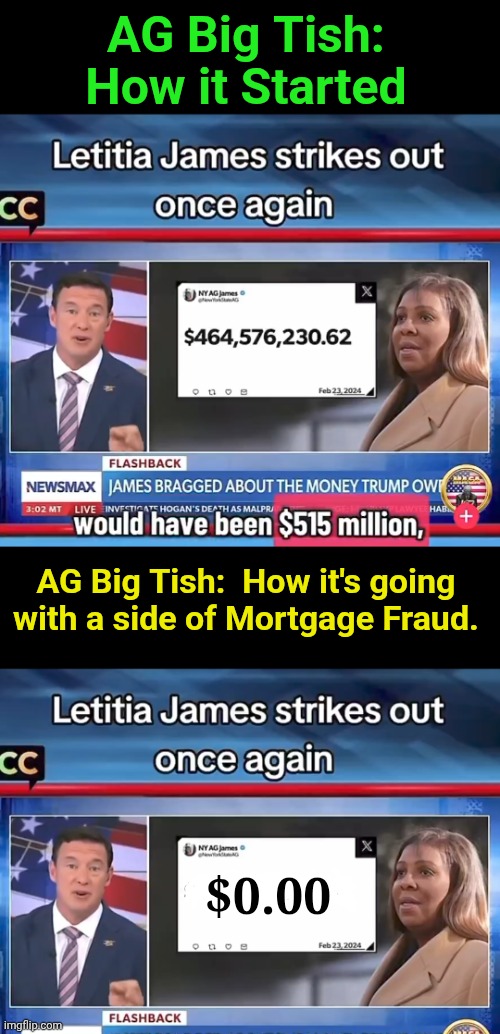 Oh Irony - How delicious you are... | AG Big Tish: How it Started; AG Big Tish:  How it's going with a side of Mortgage Fraud. $0.00 | image tagged in how it started vs how it's going,attorney general,ironic | made w/ Imgflip meme maker