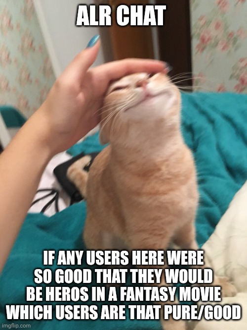 Yes this is still about that msmg story | ALR CHAT; IF ANY USERS HERE WERE SO GOOD THAT THEY WOULD BE HEROS IN A FANTASY MOVIE
WHICH USERS ARE THAT PURE/GOOD | image tagged in cat pat | made w/ Imgflip meme maker