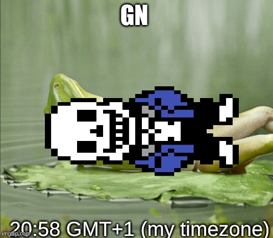 gn understream | GN; 20:58 GMT+1 (my timezone) | image tagged in frog good night,gn | made w/ Imgflip meme maker