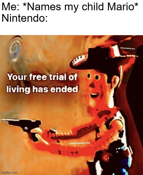 Your free trial of living has ended | Me: *Names my child Mario*
Nintendo: | image tagged in your free trial of living has ended | made w/ Imgflip meme maker