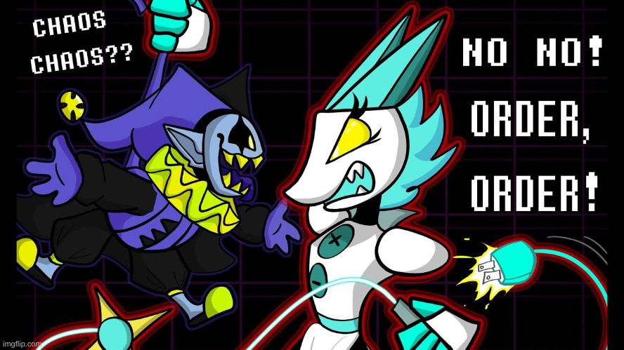 Well, we know that Dealmaker can turn back into Spamton, so it's not a stretch for Jevil and Tasque Manager to meet | image tagged in deltarune,jevil,tasque manager,not my art,chaos,order | made w/ Imgflip meme maker