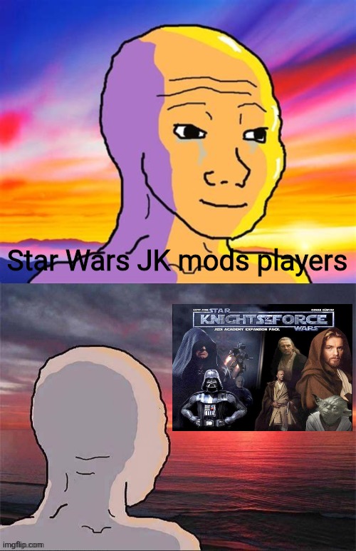 I remember those days back in 2010/11 playing Star Wars Jedi Knight Jedi Academy but it's KotF mod... | Star Wars JK mods players | image tagged in wojak nostalgia,star wars,knights of the force,mods,memories,memes | made w/ Imgflip meme maker