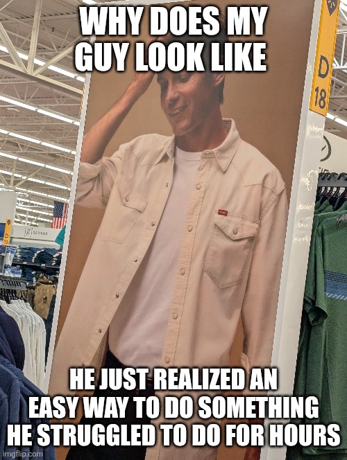 Confusion | WHY DOES MY GUY LOOK LIKE; HE JUST REALIZED AN EASY WAY TO DO SOMETHING HE STRUGGLED TO DO FOR HOURS | image tagged in walmart | made w/ Imgflip meme maker