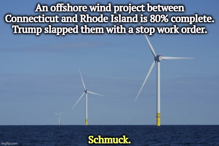 They're suing. | An offshore wind project between Connecticut and Rhode Island is 80% complete. Trump slapped them with a stop work order. Schmuck. | image tagged in trump,fossil fuel,bribe,wind power,schmuck | made w/ Imgflip meme maker
