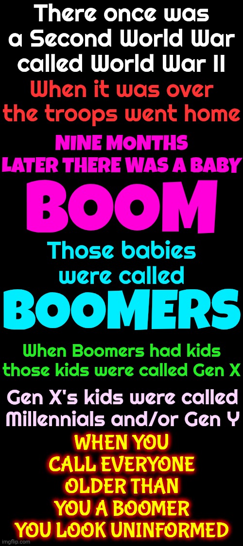 Most "Boomers" Are Long Gone Or Over 80 Years Old.  Their Kids, Gen X, Are Mostly In Their 60s And Millennials Are In Their 40s | There once was a Second World War called World War II; When it was over the troops went home; NINE MONTHS LATER THERE WAS A BABY; BOOM; Those babies were called; BOOMERS; When Boomers had kids those kids were called Gen X; WHEN YOU CALL EVERYONE OLDER THAN YOU A BOOMER YOU LOOK UNINFORMED; Gen X's kids were called Millennials and/or Gen Y | image tagged in memes,boomers,gen x,millennials,gen z,gen whatever | made w/ Imgflip meme maker