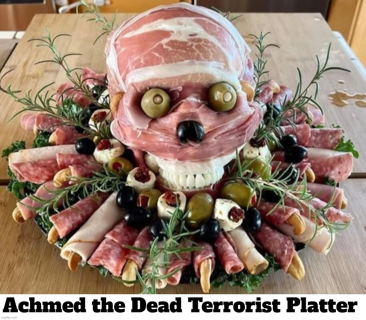Achmed the Dead Terrorist Aloha Snackbar Platter | image tagged in achmed the dead terrorist,all you can eat,salad bar,green eggs and ham,aloha snackbar,mohamhead | made w/ Imgflip meme maker