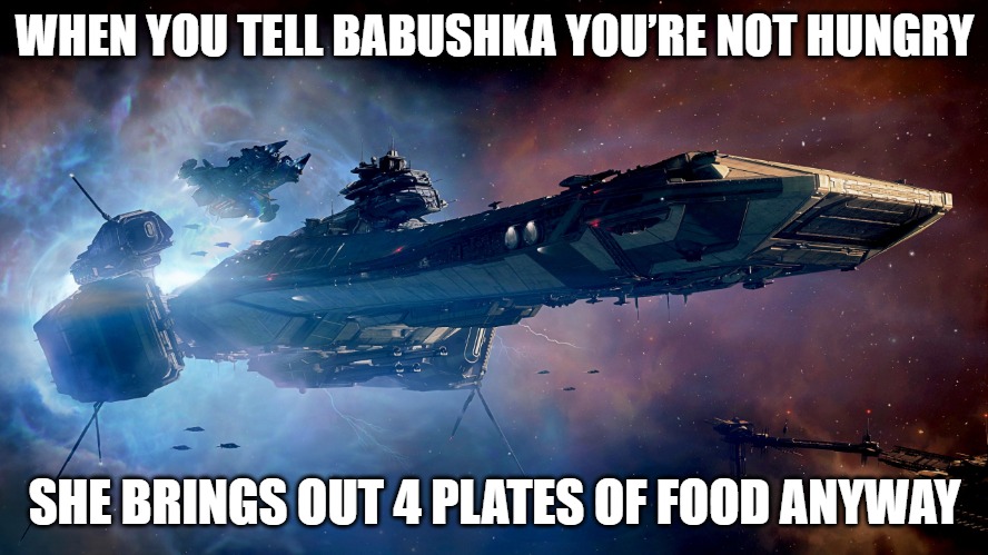 Slavic Bengal | WHEN YOU TELL BABUSHKA YOU’RE NOT HUNGRY; SHE BRINGS OUT 4 PLATES OF FOOD ANYWAY | image tagged in slavic bengal,slavic ship | made w/ Imgflip meme maker