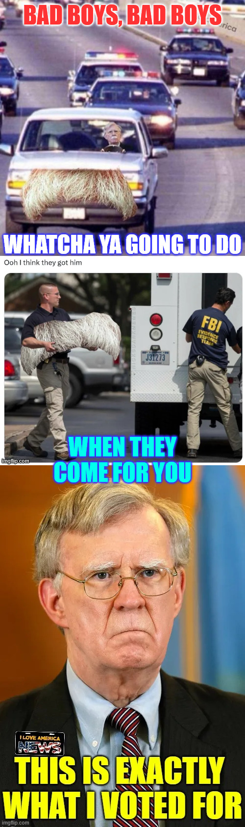 Draining the swamp has begun | BAD BOYS, BAD BOYS; WHATCHA YA GOING TO DO; WHEN THEY COME FOR YOU | image tagged in john bolton,deep state swamp creature | made w/ Imgflip meme maker