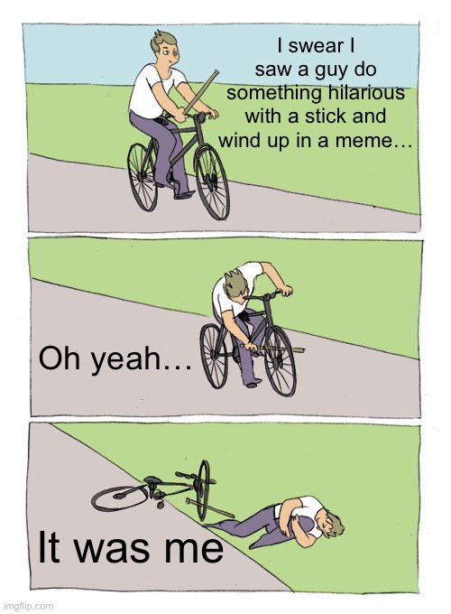 Bad Insticks | I swear I saw a guy do something hilarious with a stick and wind up in a meme…; Oh yeah…; It was me | image tagged in memes,bike fall | made w/ Imgflip meme maker