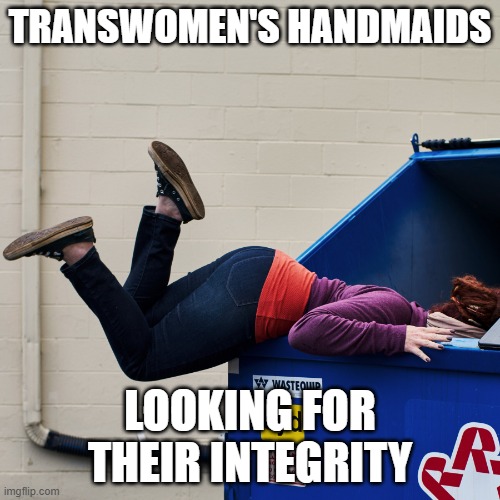 Woman dumpster diving | TRANSWOMEN'S HANDMAIDS; LOOKING FOR THEIR INTEGRITY | image tagged in woman dumpster diving | made w/ Imgflip meme maker
