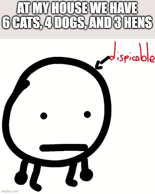 so many anmers | AT MY HOUSE WE HAVE 6 CATS, 4 DOGS, AND 3 HENS | image tagged in circle dispicable | made w/ Imgflip meme maker