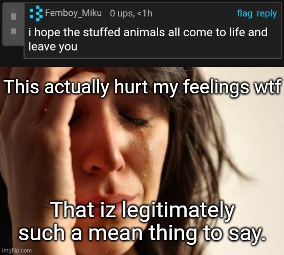 Too far bro | This actually hurt my feelings wtf; That iz legitimately such a mean thing to say. | image tagged in memes,first world problems | made w/ Imgflip meme maker