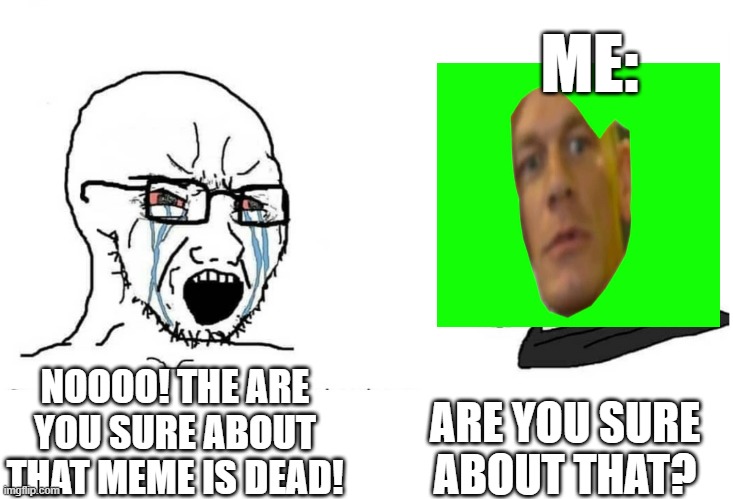 Soyboy Vs Yes Chad | ME:; ARE YOU SURE ABOUT THAT? NOOOO! THE ARE YOU SURE ABOUT THAT MEME IS DEAD! | image tagged in soyboy vs yes chad | made w/ Imgflip meme maker