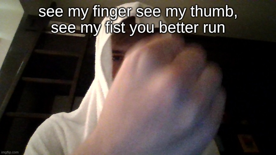 too everybidy who hated on my last post :angry emoji: | see my finger see my thumb, see my fist you better run | made w/ Imgflip meme maker