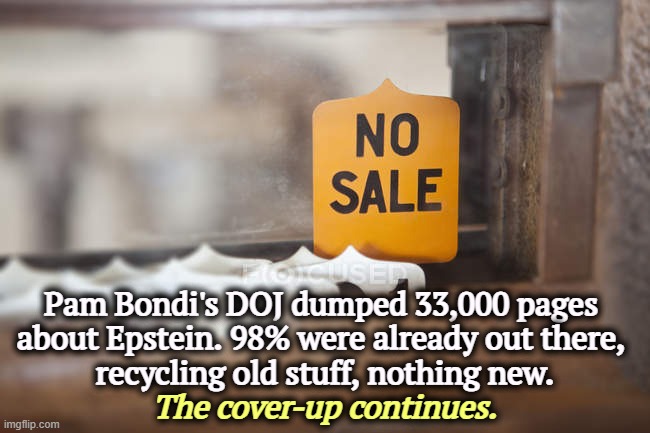 Pam Bondi's DOJ dumped 33,000 pages 
about Epstein. 98% were already out there, 
recycling old stuff, nothing new. The cover-up continues. | image tagged in trump,jeffrey epstein,pam bondi,doj,cover up,ghislaine maxwell | made w/ Imgflip meme maker
