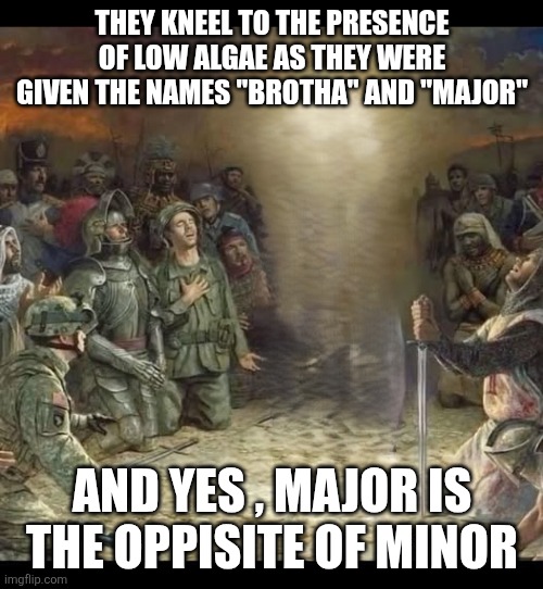 The Messiah blank template | THEY KNEEL TO THE PRESENCE OF LOW ALGAE AS THEY WERE GIVEN THE NAMES "BROTHA" AND "MAJOR"; AND YES , MAJOR IS THE OPPISITE OF MINOR | image tagged in the messiah blank template | made w/ Imgflip meme maker