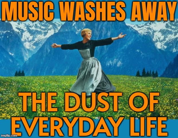 Music Washes Away The Dust Of Everyday Life | MUSIC WASHES AWAY; THE DUST OF
EVERYDAY LIFE | image tagged in the sound of music happiness,life,life sucks,music,sayings,inspirational quotes | made w/ Imgflip meme maker