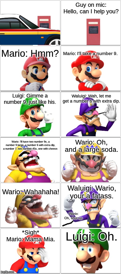 Mario and Wario Bros orders food.mp3 | image tagged in comic,mario,luigi,wario,waluigi | made w/ Imgflip meme maker