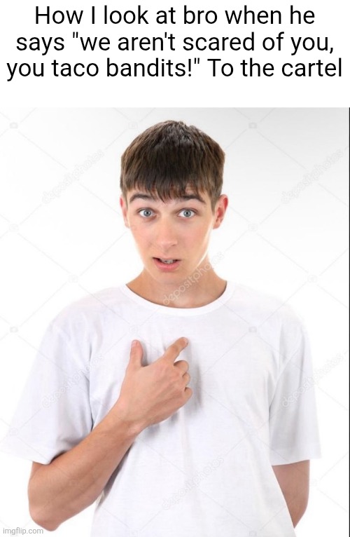 Who TF is we bro | How I look at bro when he says "we aren't scared of you, you taco bandits!" To the cartel | image tagged in me | made w/ Imgflip meme maker