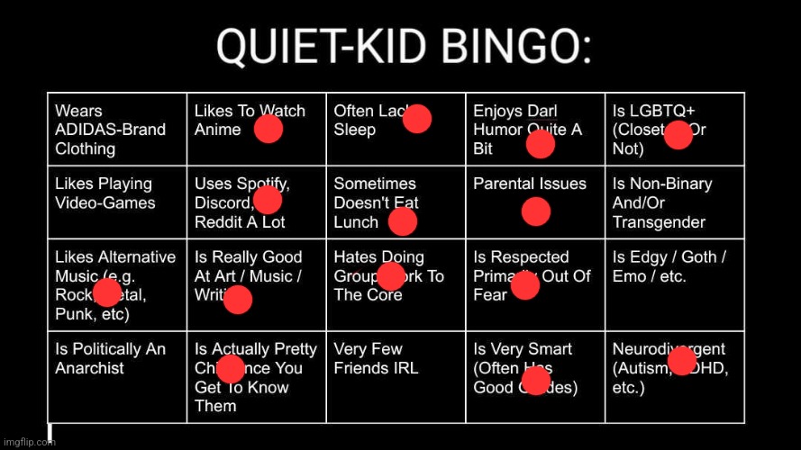 Quiet Kid Bingo | image tagged in quiet kid bingo | made w/ Imgflip meme maker