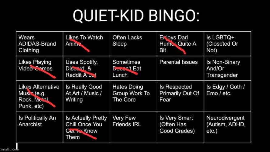 Quiet Kid Bingo | image tagged in quiet kid bingo | made w/ Imgflip meme maker