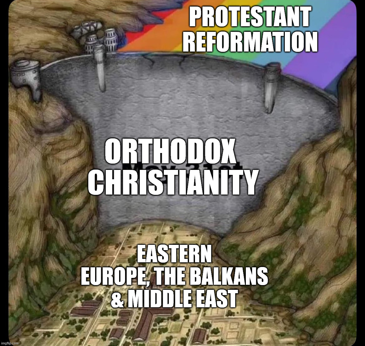 Why didn't Protestantism spread across the Slavic world? | PROTESTANT REFORMATION; ORTHODOX 
CHRISTIANITY; EASTERN EUROPE, THE BALKANS & MIDDLE EAST | image tagged in water dam meme,religion,history,christianity,based,dark humor | made w/ Imgflip meme maker