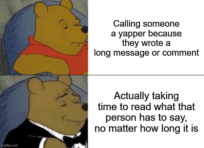 Seriously, calling someone a yapper for having a lot to say is so rude. | Calling someone a yapper because they wrote a long message or comment; Actually taking time to read what that person has to say, no matter how long it is | image tagged in memes,tuxedo winnie the pooh | made w/ Imgflip meme maker
