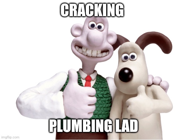CRACKING; PLUMBING LAD | image tagged in wallace and gromit,memes,funny,funny memes | made w/ Imgflip meme maker