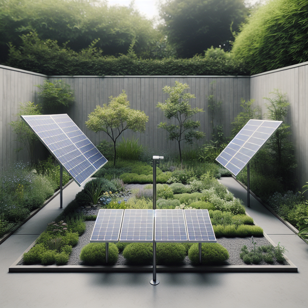 backyard garden w ONE angled small solar panel on 4 ft metal pol Blank Meme Template