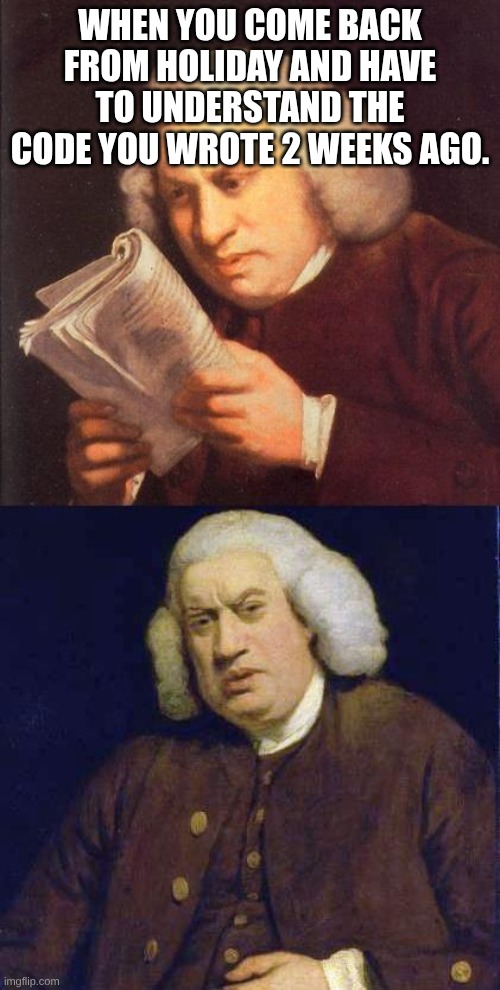2 weeks ago. | WHEN YOU COME BACK FROM HOLIDAY AND HAVE TO UNDERSTAND THE CODE YOU WROTE 2 WEEKS AGO. | image tagged in dafuq did i just read | made w/ Imgflip meme maker