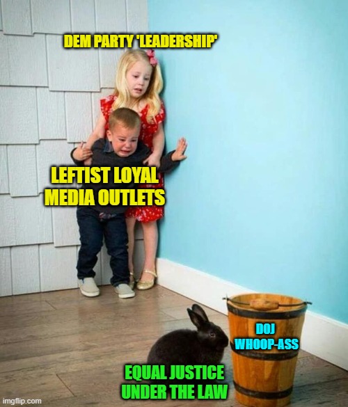 Political Lawfare seemed sooooooo sweet to the Dems when THEY controlled the DOJ. | DEM PARTY 'LEADERSHIP'; LEFTIST LOYAL MEDIA OUTLETS; DOJ 
WHOOP-ASS; EQUAL JUSTICE UNDER THE LAW | image tagged in children scared of rabbit | made w/ Imgflip meme maker