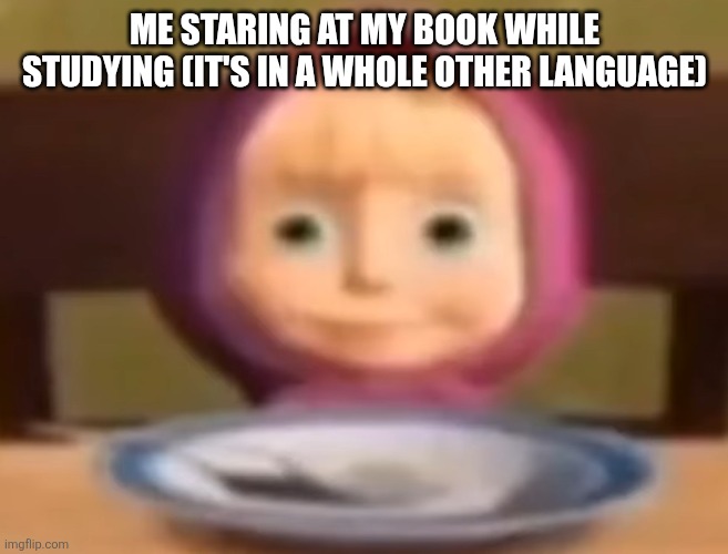Study | ME STARING AT MY BOOK WHILE STUDYING (IT'S IN A WHOLE OTHER LANGUAGE) | image tagged in masha stare | made w/ Imgflip meme maker