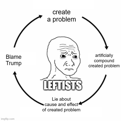 How leftists identify and 'solve' problems. | create a problem; artificially compound created problem; Blame Trump; LEFTISTS; Lie about cause and effect of created problem | image tagged in sad wojak cycle | made w/ Imgflip meme maker