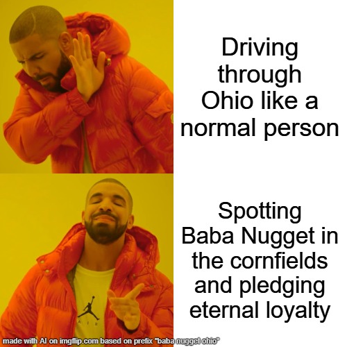 Drake Hotline Bling Meme | Driving through Ohio like a normal person; Spotting Baba Nugget in the cornfields and pledging eternal loyalty | image tagged in memes,drake hotline bling | made w/ Imgflip meme maker