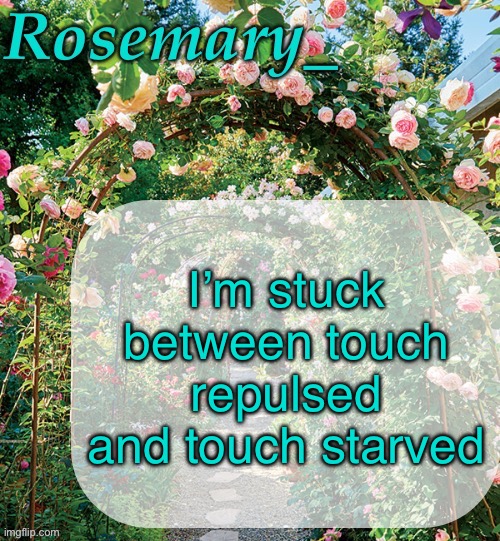 Rosemary_ template | I’m stuck between touch repulsed and touch starved | image tagged in rosemary_ template | made w/ Imgflip meme maker