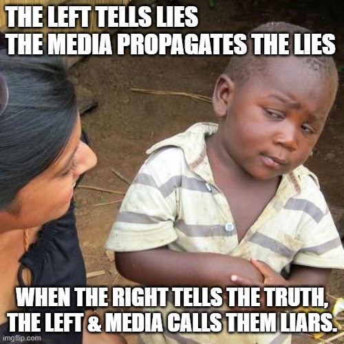 The Left has nothing but lies and propaganda. | THE LEFT TELLS LIES
THE MEDIA PROPAGATES THE LIES; WHEN THE RIGHT TELLS THE TRUTH, THE LEFT & MEDIA CALLS THEM LIARS. | image tagged in curious kid,demoncrats,propaganda,lies,hypocrisy | made w/ Imgflip meme maker