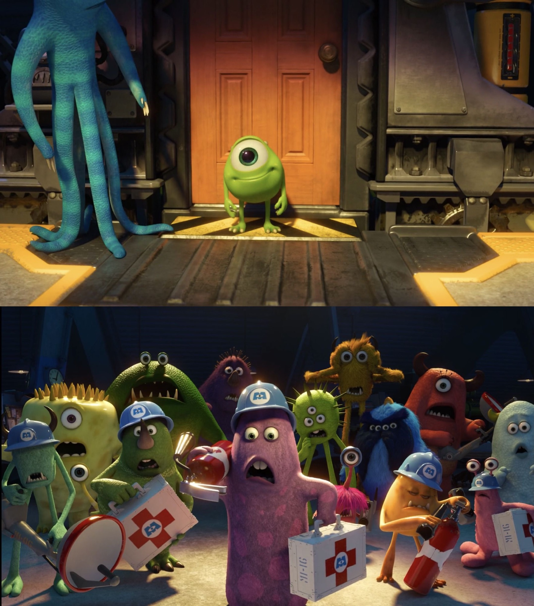 Baby mike smiling with other monsters shocked Blank Meme Template