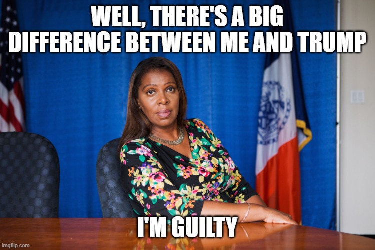 Letitia James | WELL, THERE'S A BIG DIFFERENCE BETWEEN ME AND TRUMP I'M GUILTY | image tagged in letitia james | made w/ Imgflip meme maker