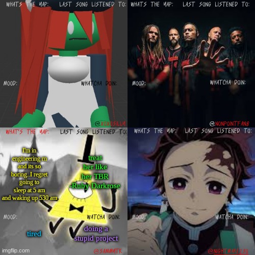 TLSM shared temp | treat her like her TBR -Ruby Darkrose; I'm in engineering rn and its so boring..I regret going to sleep at 5 am and waking up 530 am; tired; doing a stupid project | image tagged in tlsm shared temp | made w/ Imgflip meme maker