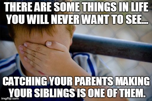 Confession Kid Meme | THERE ARE SOME THINGS IN LIFE YOU WILL NEVER WANT TO SEE... CATCHING YOUR PARENTS MAKING YOUR SIBLINGS IS ONE OF THEM. | image tagged in memes,confession kid | made w/ Imgflip meme maker