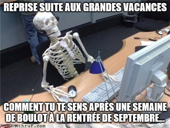 Waiting skeleton | REPRISE SUITE AUX GRANDES VACANCES; COMMENT TU TE SENS APRÈS UNE SEMAINE DE BOULOT À LA RENTRÉE DE SEPTEMBRE... | image tagged in waiting skeleton | made w/ Imgflip meme maker