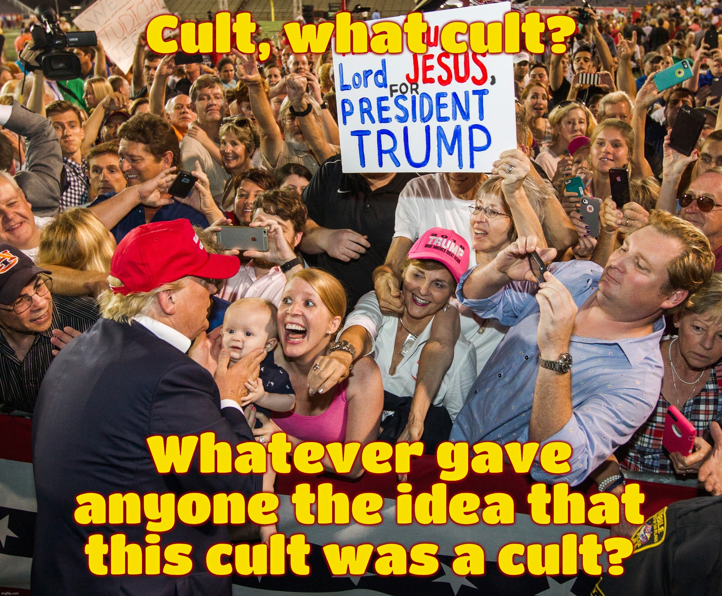 If it walks like a cult, and it quacks like a cult, then it isn't a duck | Cult, what cult? Whatever gave anyone the idea that this cult was a cult? | image tagged in trump,cult 45,cult 47,maga,magats,cult | made w/ Imgflip meme maker