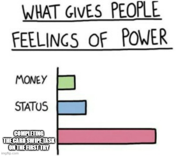 What Gives People Feelings of Power | COMPLETING THE CARD SWIPE TASK ON THE FIRST TRY | image tagged in what gives people feelings of power,among us,amogus | made w/ Imgflip meme maker