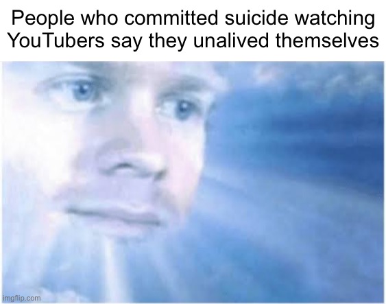 In heaven looking down | People who committed suicide watching
YouTubers say they unalived themselves | image tagged in in heaven looking down | made w/ Imgflip meme maker
