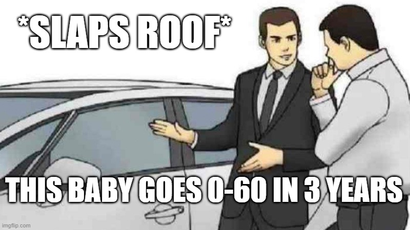 prius | *SLAPS ROOF*; THIS BABY GOES 0-60 IN 3 YEARS | image tagged in memes,car salesman slaps roof of car | made w/ Imgflip meme maker